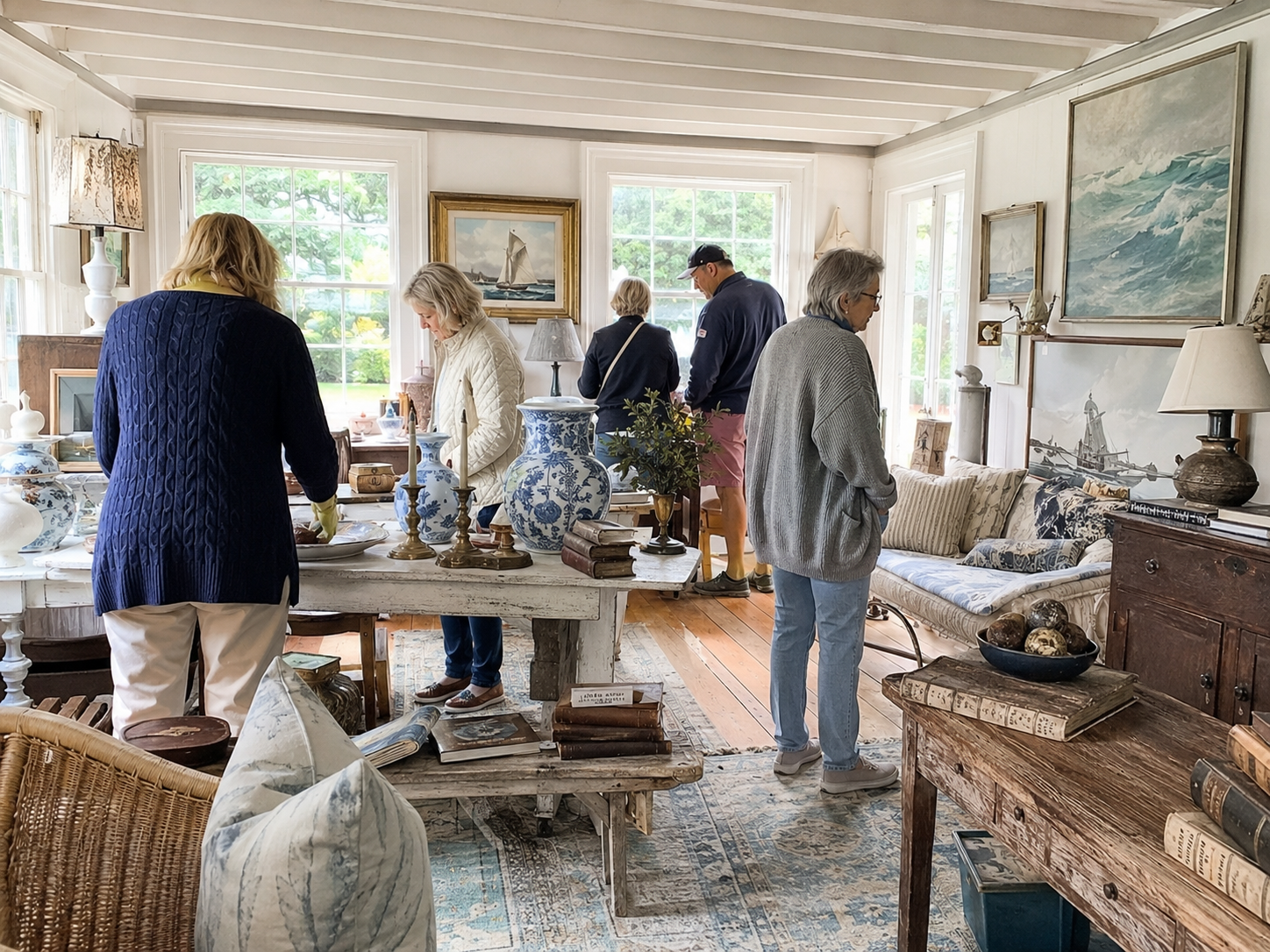 A bright living room staged for an estate sale with nautical paintings and blue-and-white china