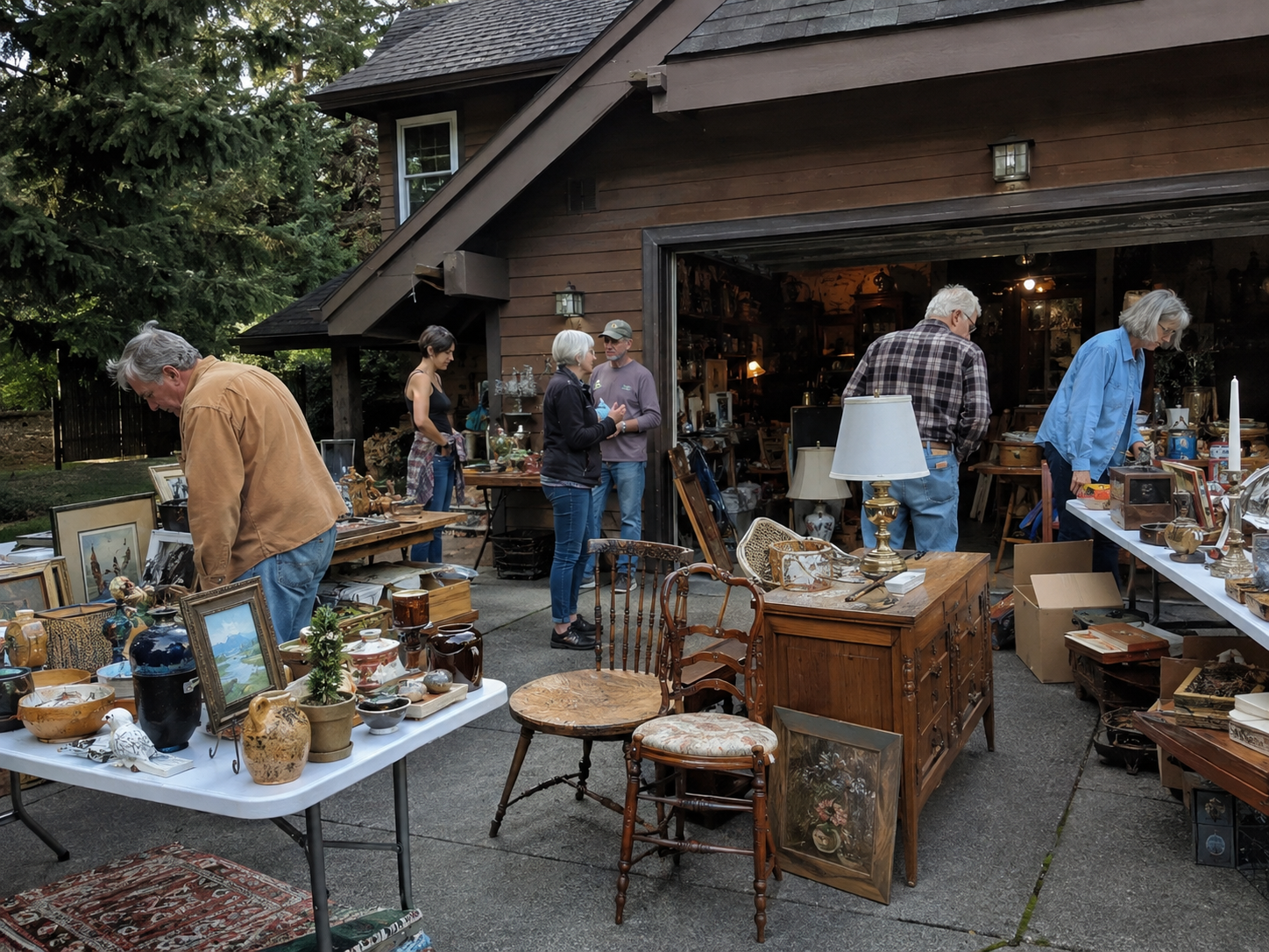 Outdoor estate sale tables with framed art, lamps and antique furniture